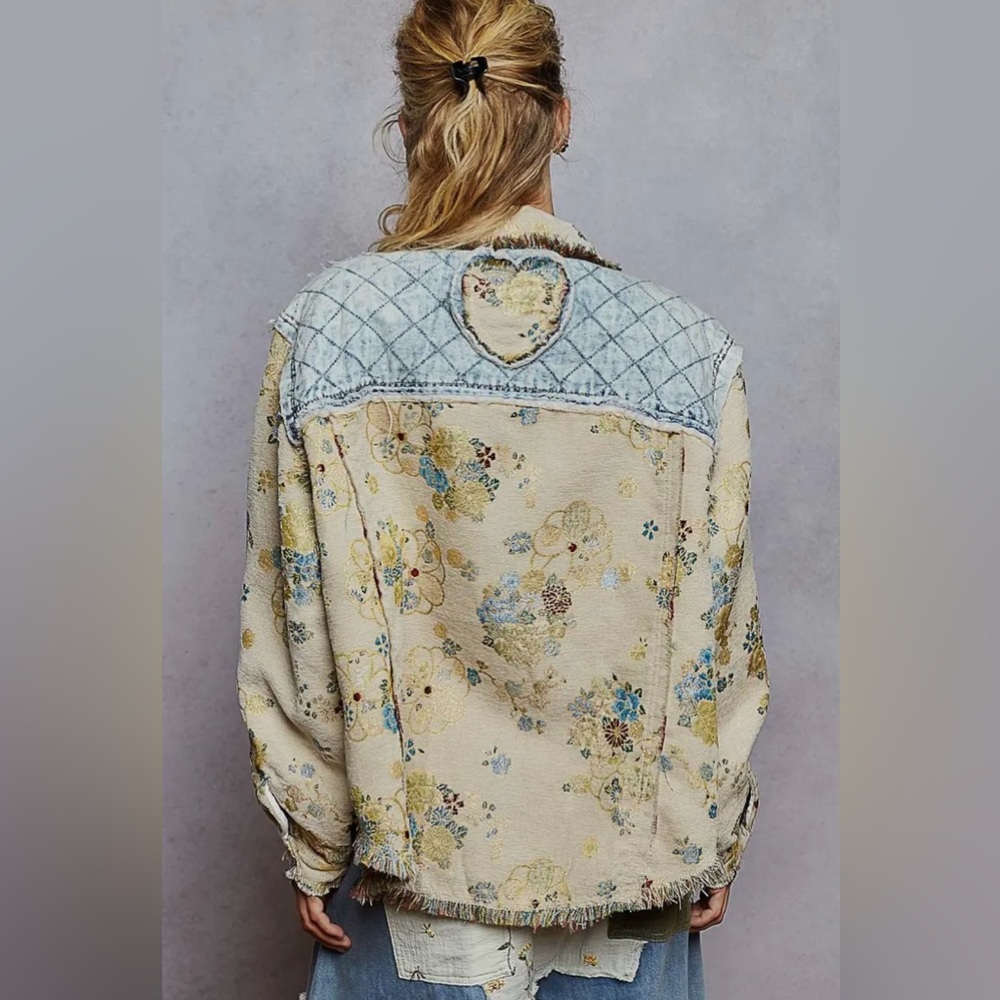 POL denim quilted tapestry floral patchwork jacquard boho pullover jacket coat - Picture 5 of 5